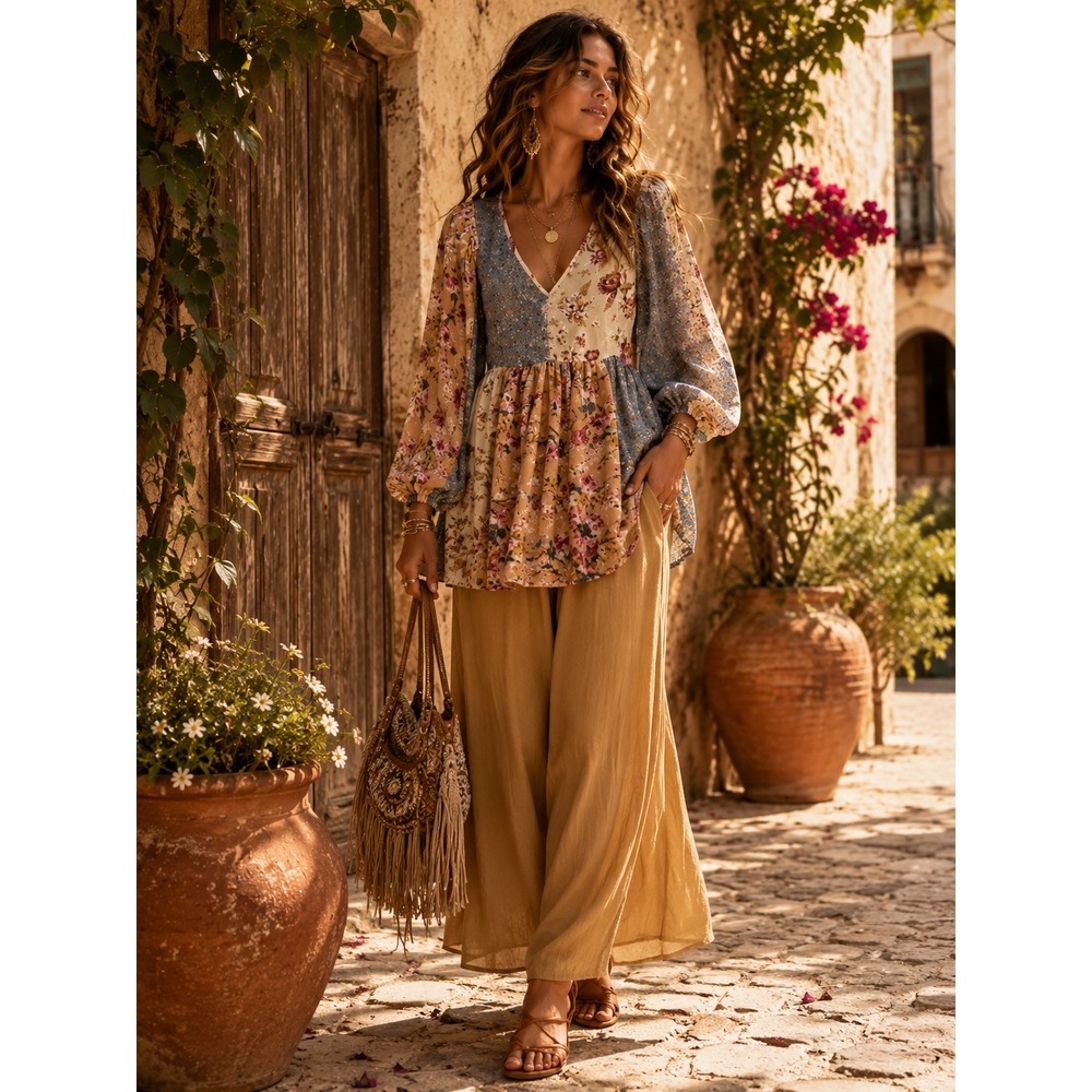 Umgee Womens Patchwork Floral Babydoll Tunic Top V-Neck Balloon Sleeve Sz Small